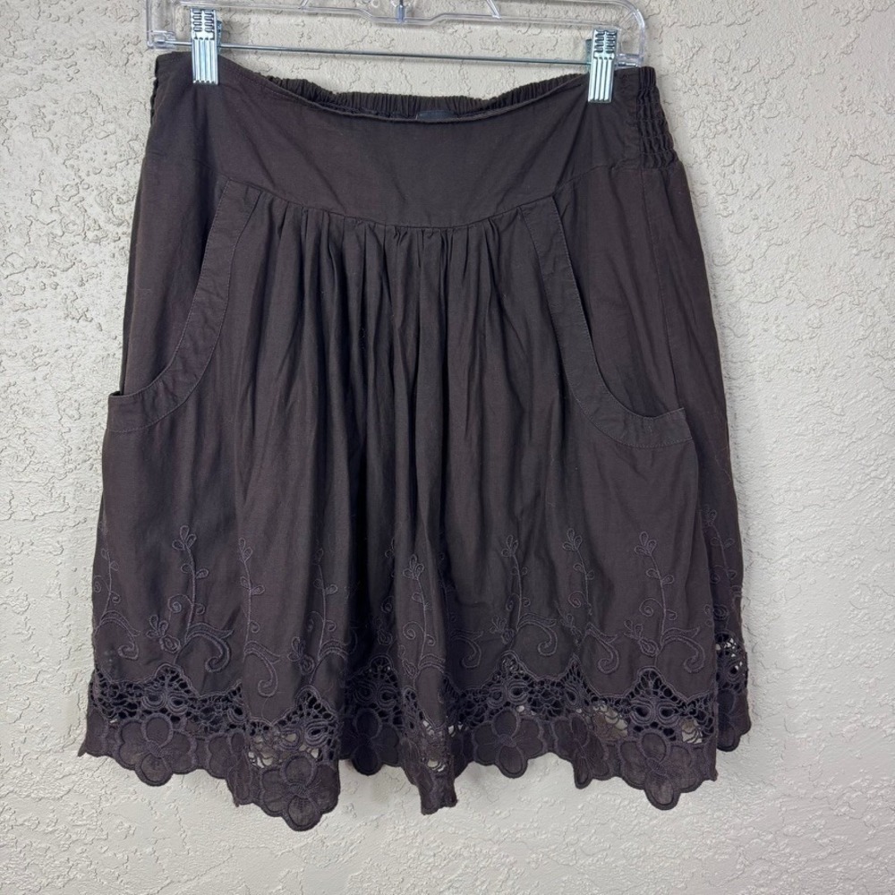Press Embroidered Lace Mini Skirt Women's Size M Chocolate Brown Pockets Cottage